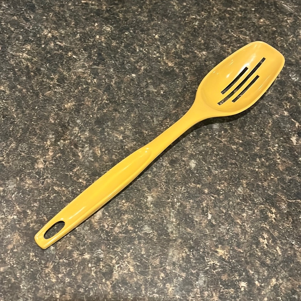 Vintage MCM Mustard Yellow Foley nylon plastic slotted spoon 11 inches